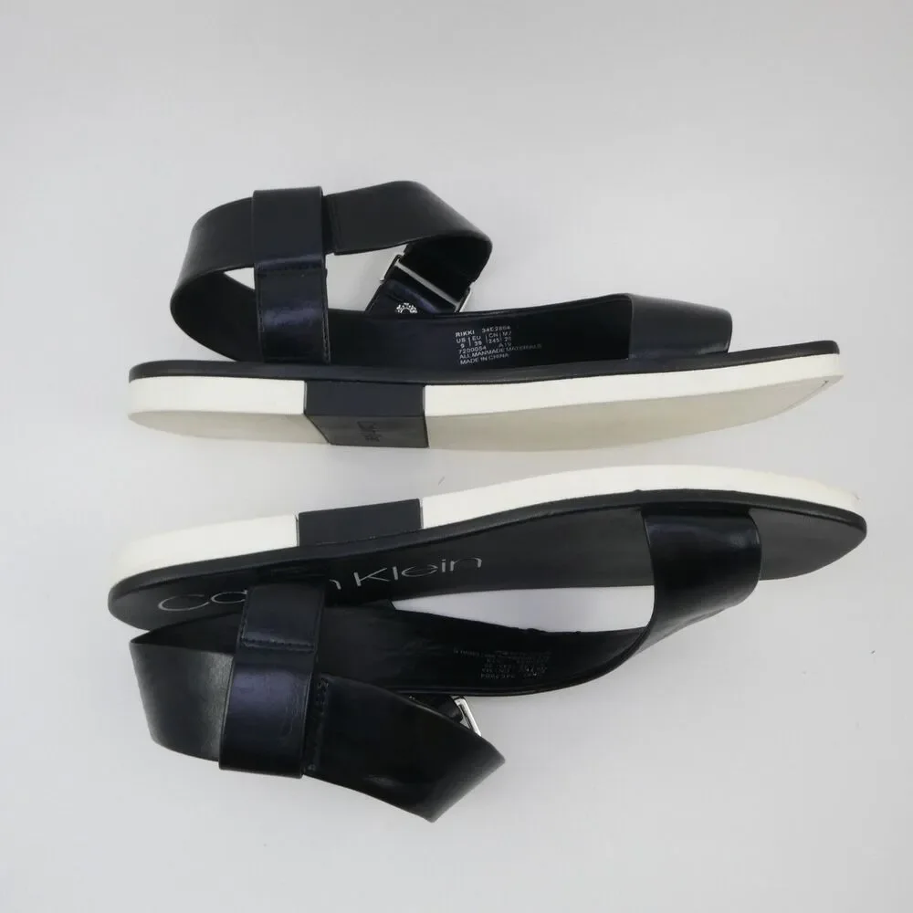 Calvin Klein Rikki Sandals Women's 9M Black Faux Leather Adjustable Snap Buckle
